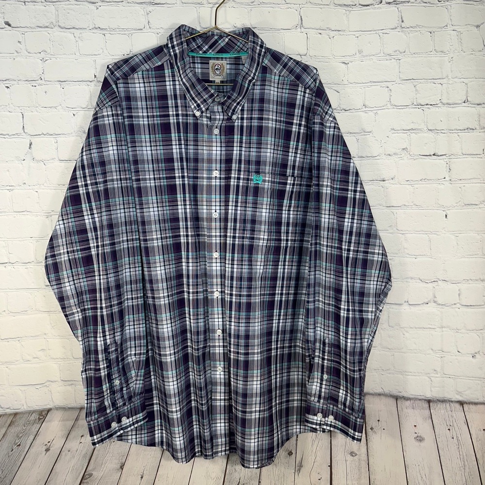 Cinch Mens XXL Long Sleeve Plaid Button Down Western Shirt Purple Teal Cotton